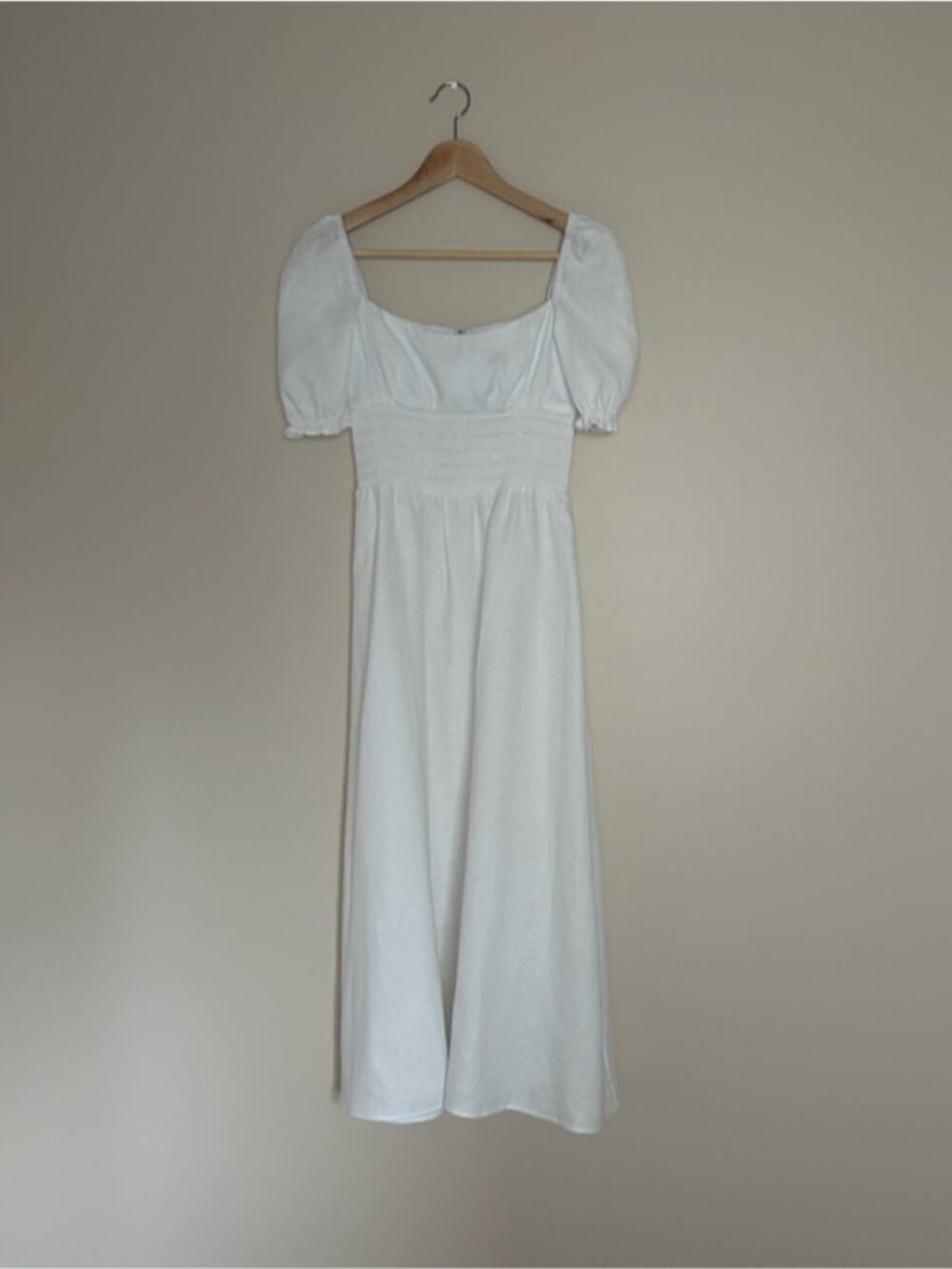 NEW Reformation Adler Linen Midi Smocked Puff Sleeve Dress White | US 2 UK 6 - Picture 6 of 12